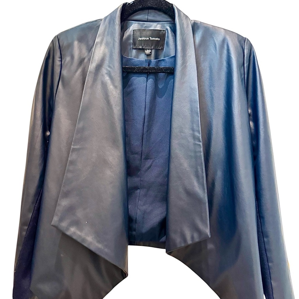 Jealous Tomato Faux Leather Drape Moto Jacket – Navy Blue, Size Large